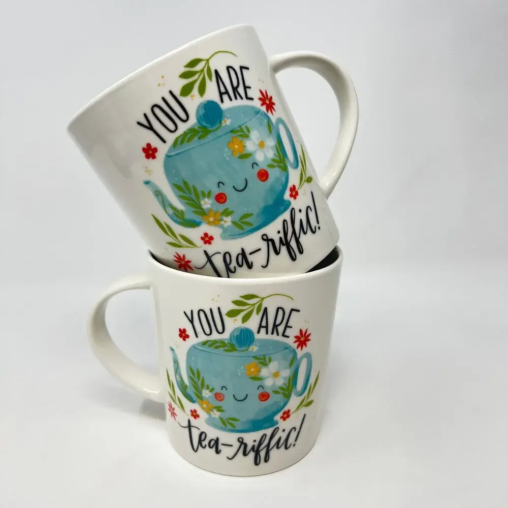 Pflatzgraff Mugs You Are Teariffic Pair of 18oz Porcelain Cups New w/ Tags Gift - Picture 1 of 10
